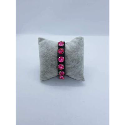 Bracelet en cuir et strass fuschia